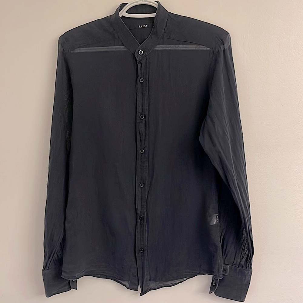 GUCCI faded Black Sheer Cotton Mandarin Collared Shirt